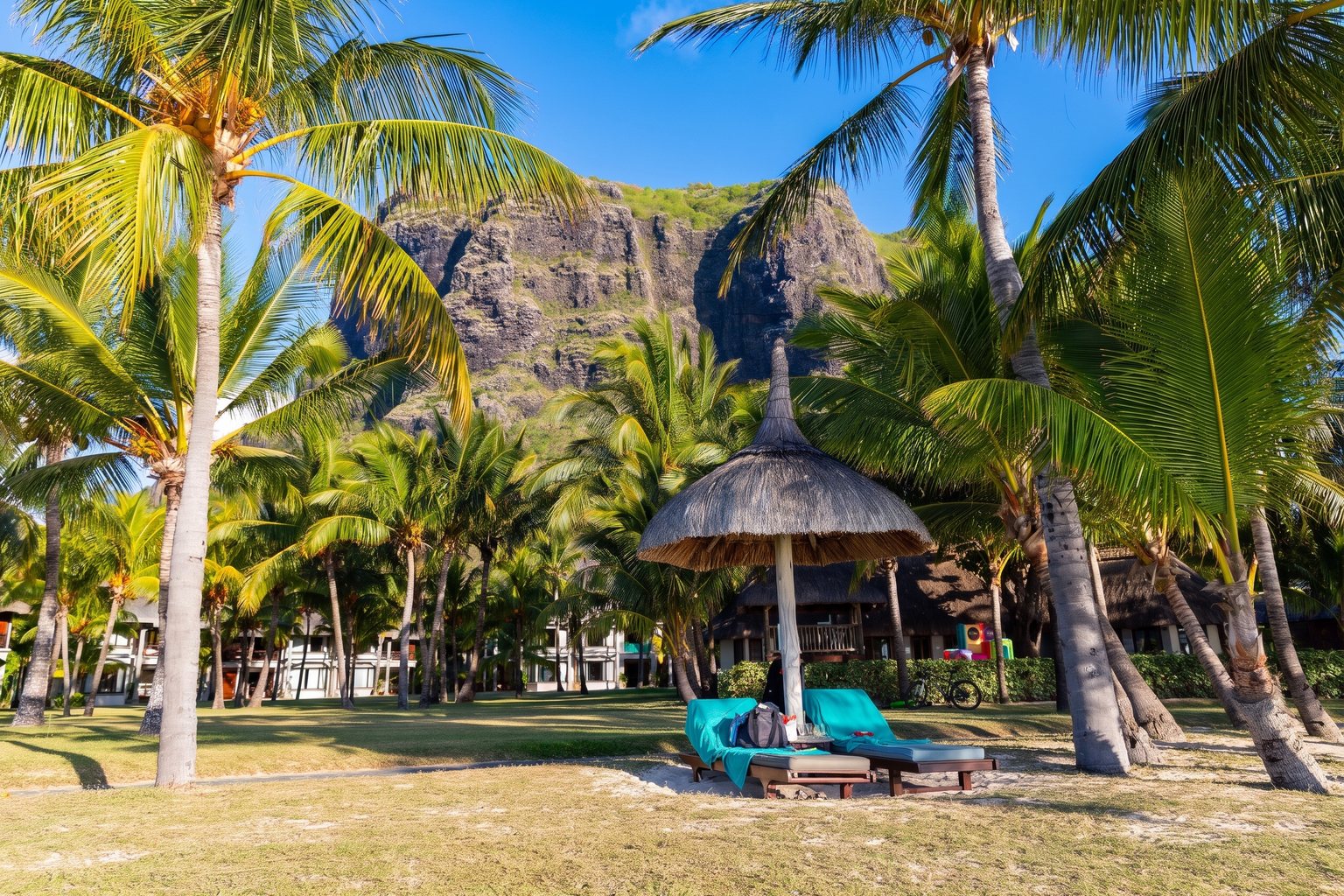 Cocotiers et transats sur la plage du Morne, au pied du Morne Brabant, au sud-ouest de l'île Maurice