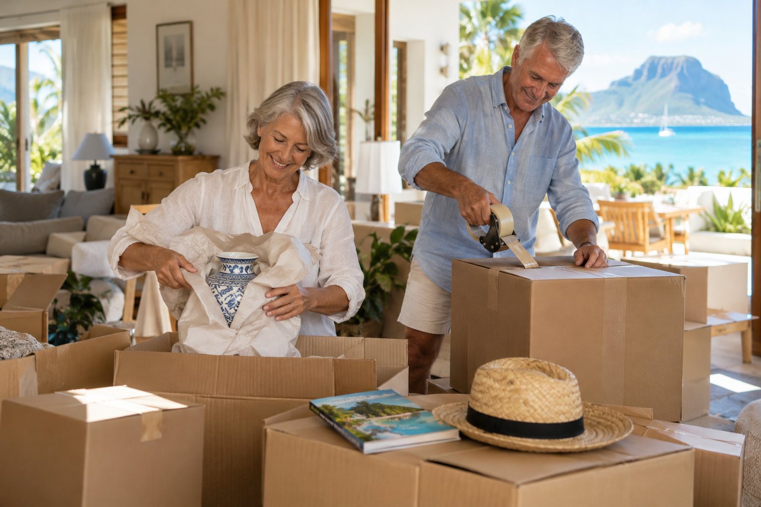 Un couple de retraités emballe ses affaires dans des cartons avant de déménager à l'île Maurice
