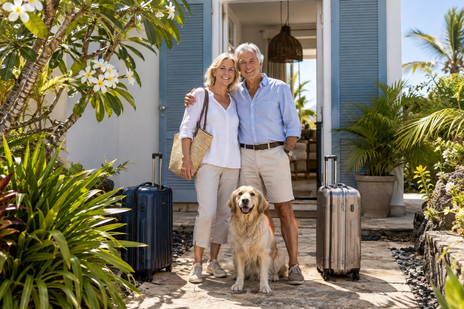 Un couple de retraités et leur chien devant leur maison créole à l'île Maurice, le jour de leur arrivée
