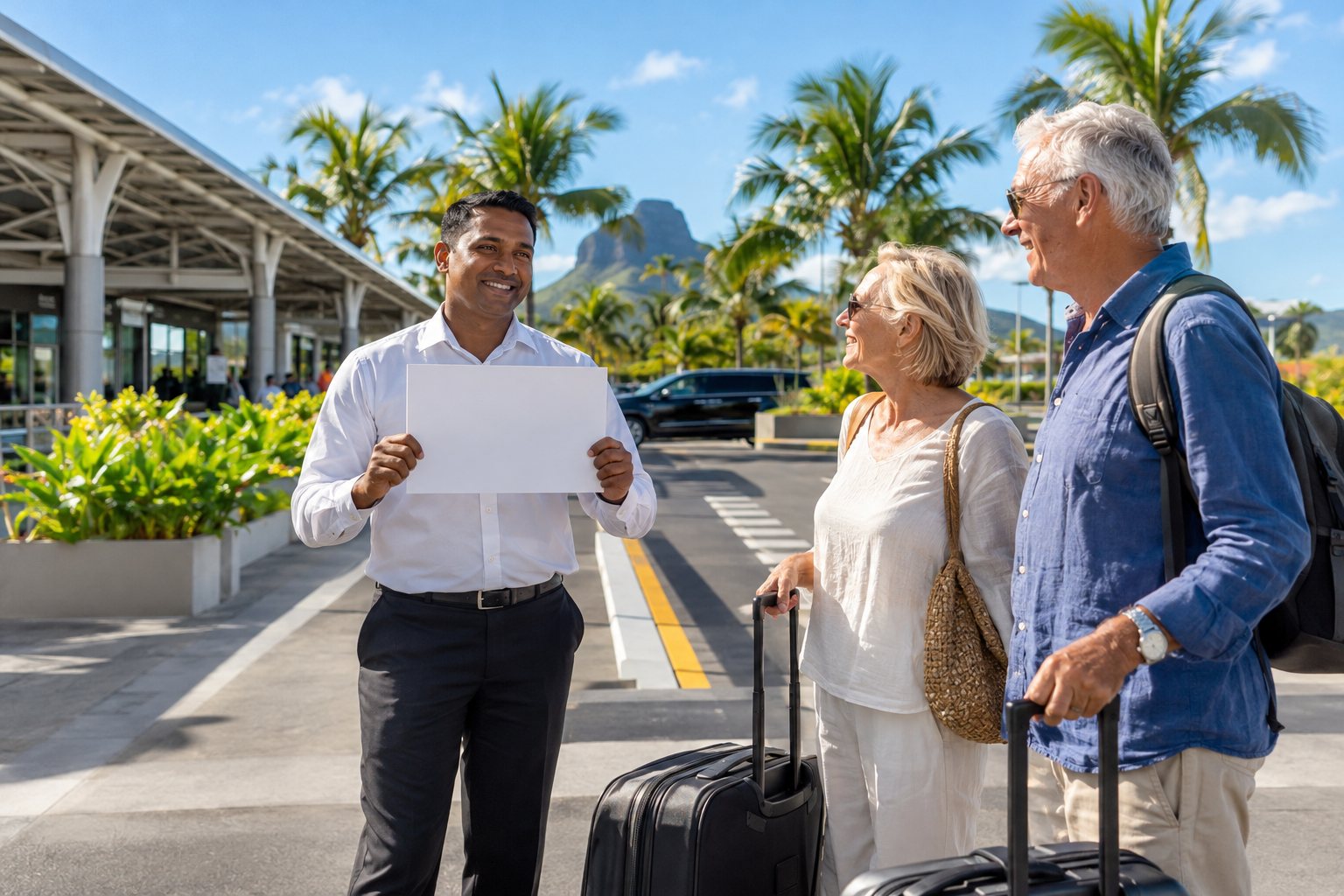 Un chauffeur accueille un couple de retraités à la sortie de l'aéroport de Maurice, une pancarte à la main