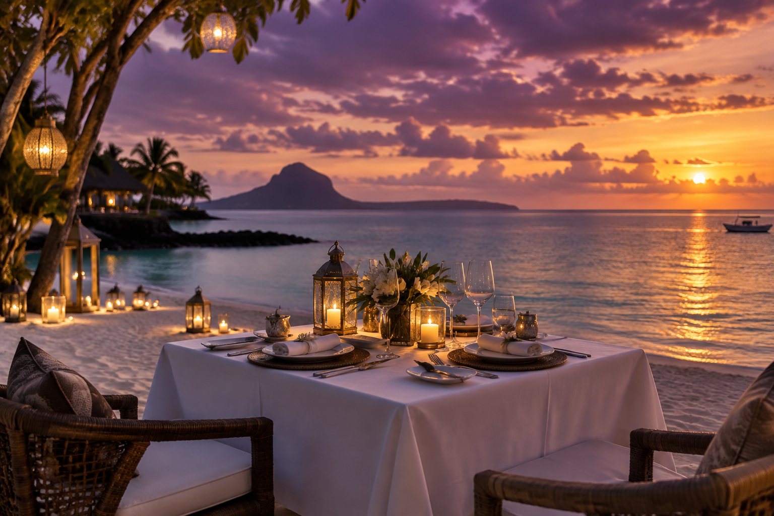 Dîner sur la plage au crépuscule